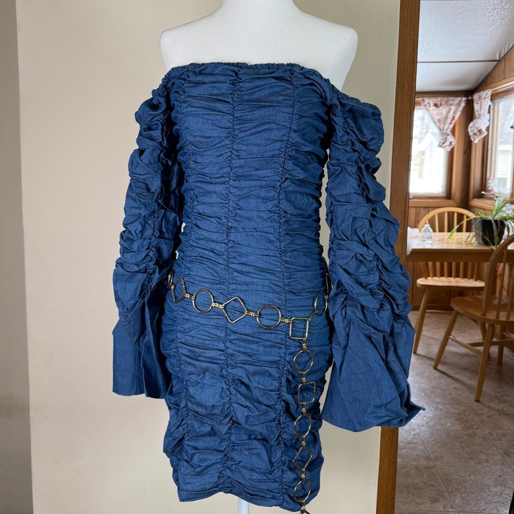 Donnée Par Dieu Blue Ruched Denim Off Shoulder Mini Dress Womens‎ Small (2-4)